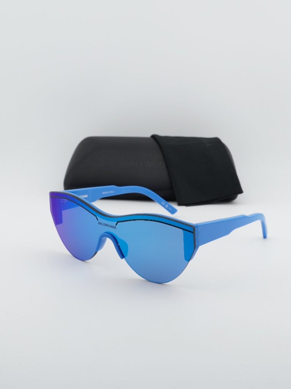 Balenciaga BB0004S 013 Shield Semi Rim Sunglasses - Blue / Blue Mirror